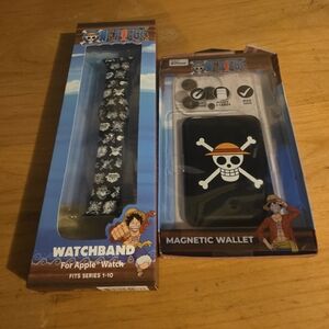 Apple One Piece Black Skull & Crossbones Watch Band and Magnetic Wallet Set